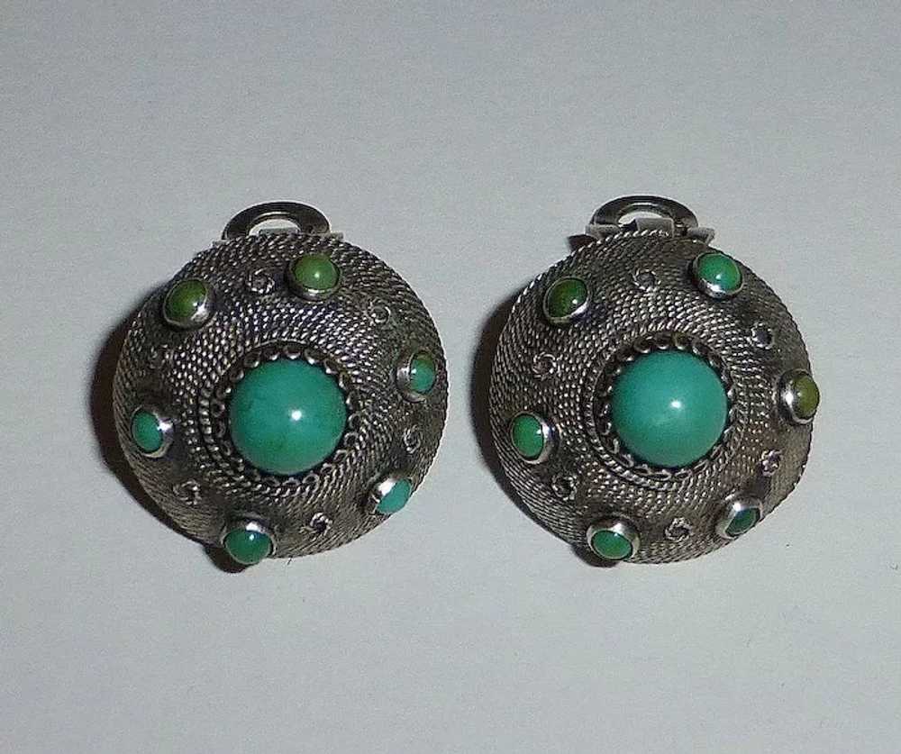Turquoise & 800 Silver Domed Clip Earrings - image 5