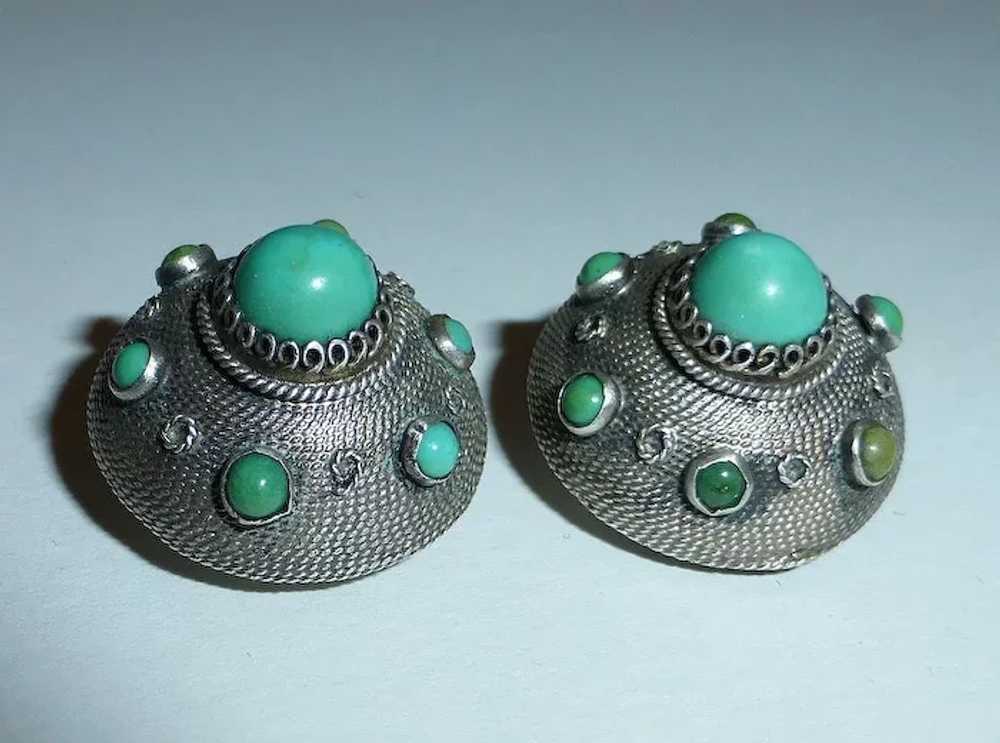 Turquoise & 800 Silver Domed Clip Earrings - image 8