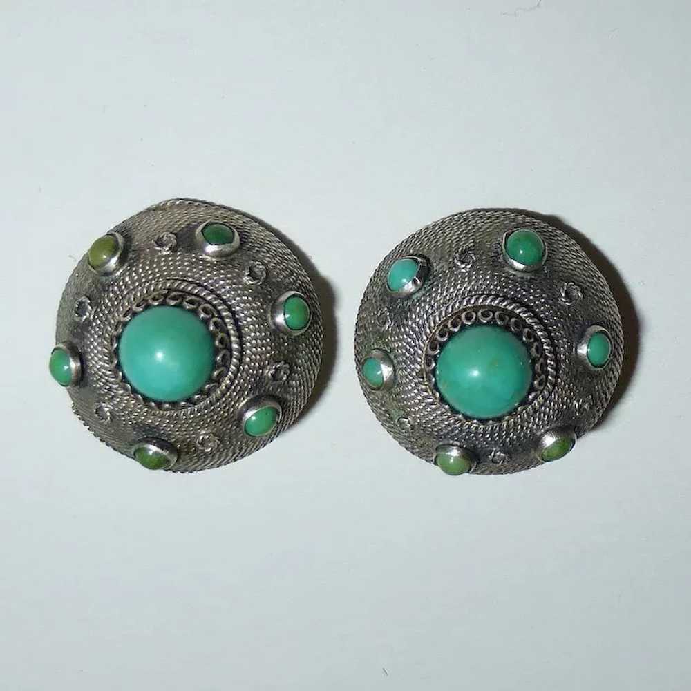 Turquoise & 800 Silver Domed Clip Earrings - image 9