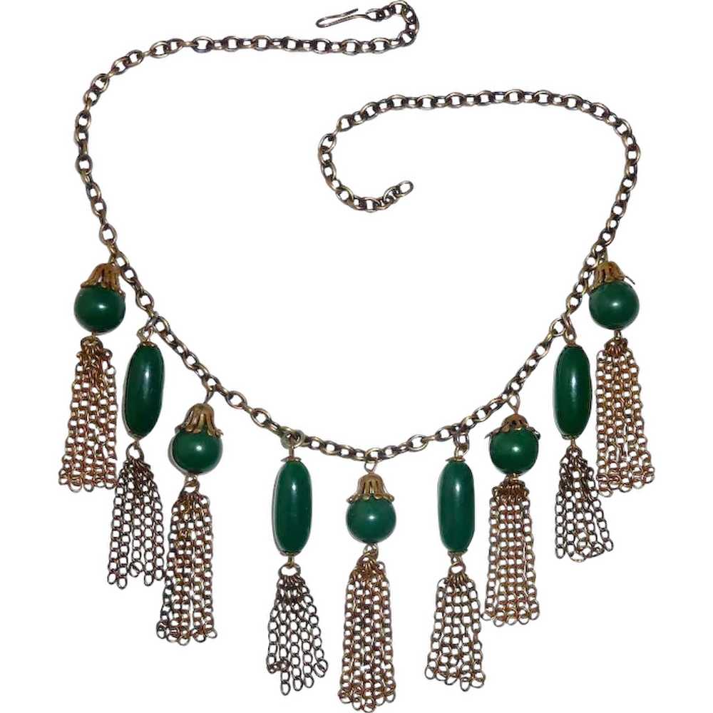 Vintage Brass Collar Necklace Green Beads & Tasse… - image 1