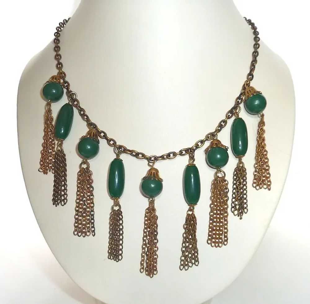 Vintage Brass Collar Necklace Green Beads & Tasse… - image 2