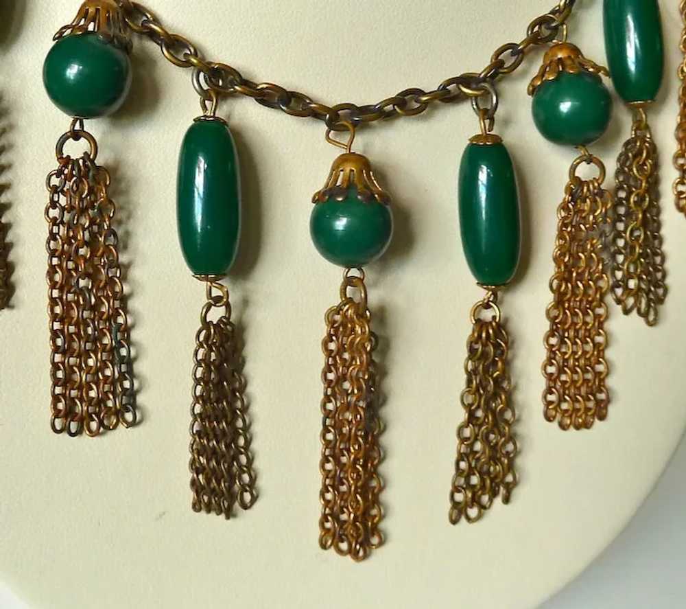 Vintage Brass Collar Necklace Green Beads & Tasse… - image 3