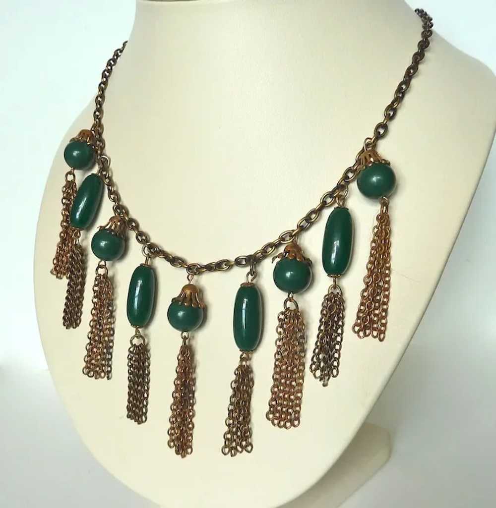 Vintage Brass Collar Necklace Green Beads & Tasse… - image 4