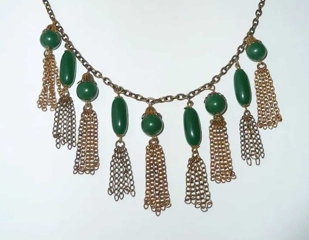 Vintage Brass Collar Necklace Green Beads & Tasse… - image 5