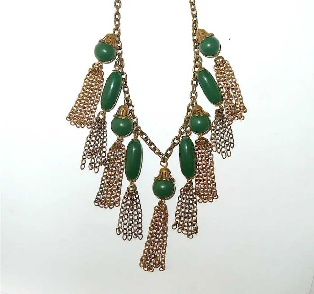 Vintage Brass Collar Necklace Green Beads & Tasse… - image 6