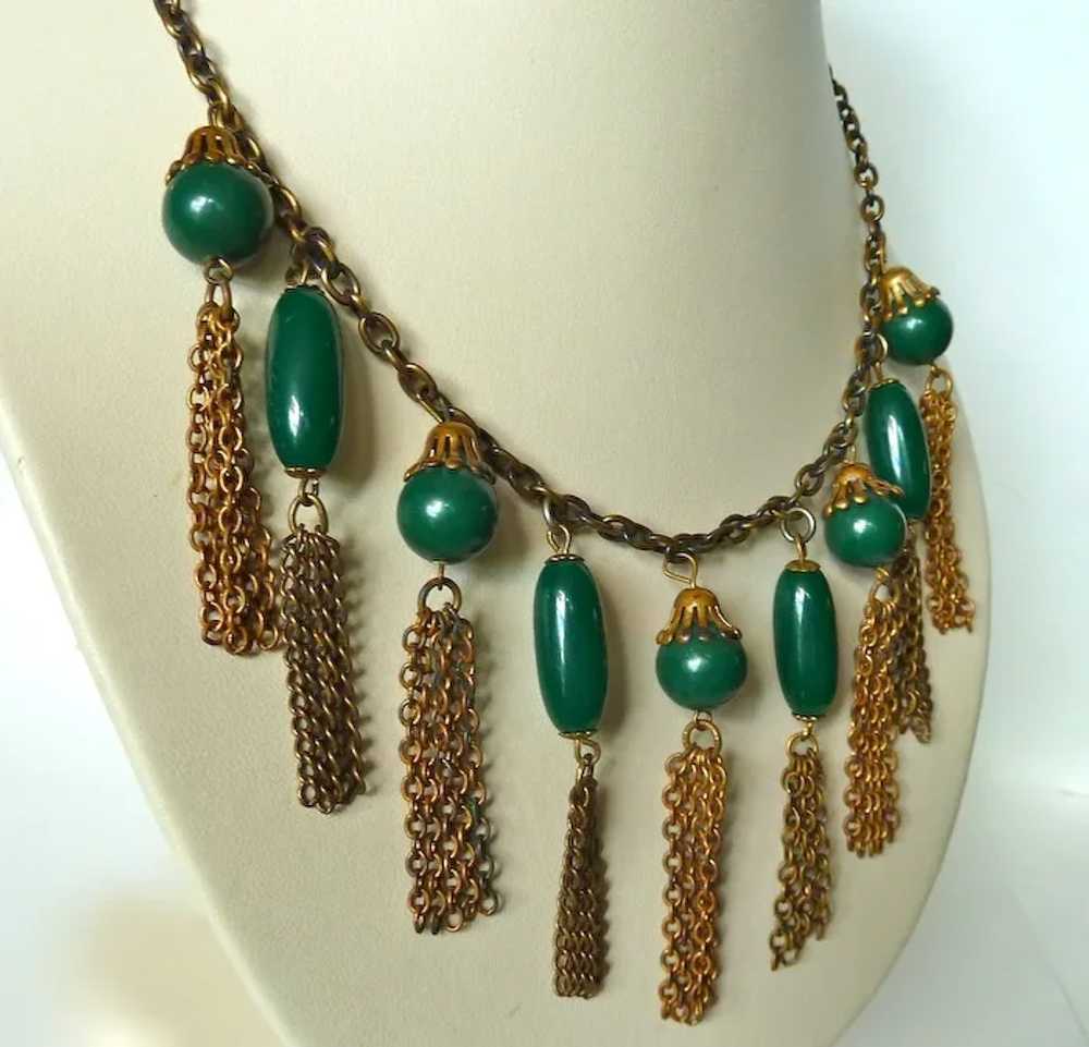 Vintage Brass Collar Necklace Green Beads & Tasse… - image 7