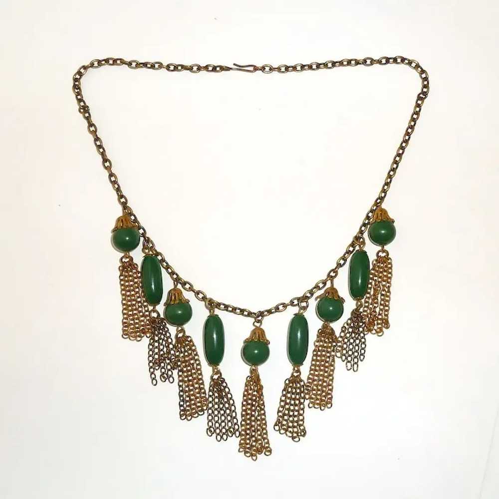 Vintage Brass Collar Necklace Green Beads & Tasse… - image 8