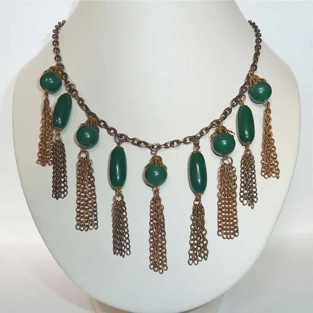 Vintage Brass Collar Necklace Green Beads & Tasse… - image 9