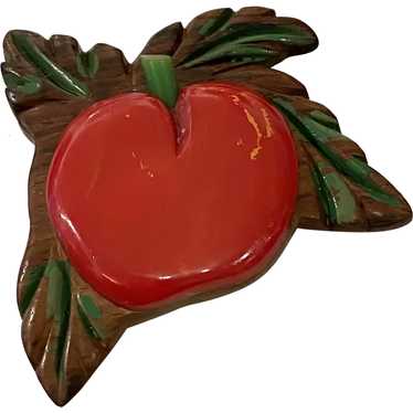 RARE 1930s Wood and RED Bakelite Apple Pin Brooch - image 1
