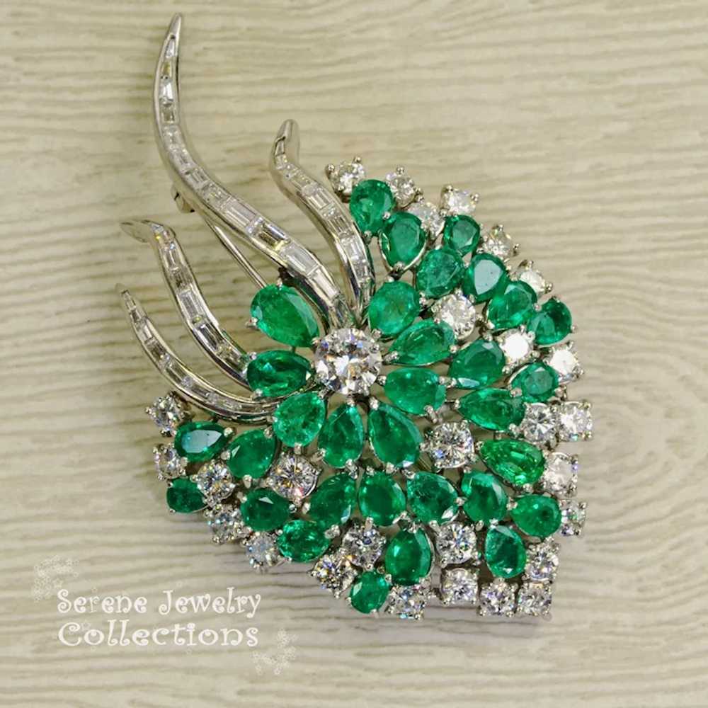 Emerald Diamond Platinum Brooch Vintage Estate - image 10
