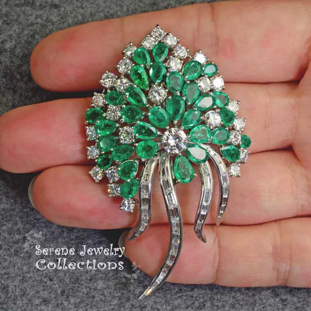 Emerald Diamond Platinum Brooch Vintage Estate - image 11