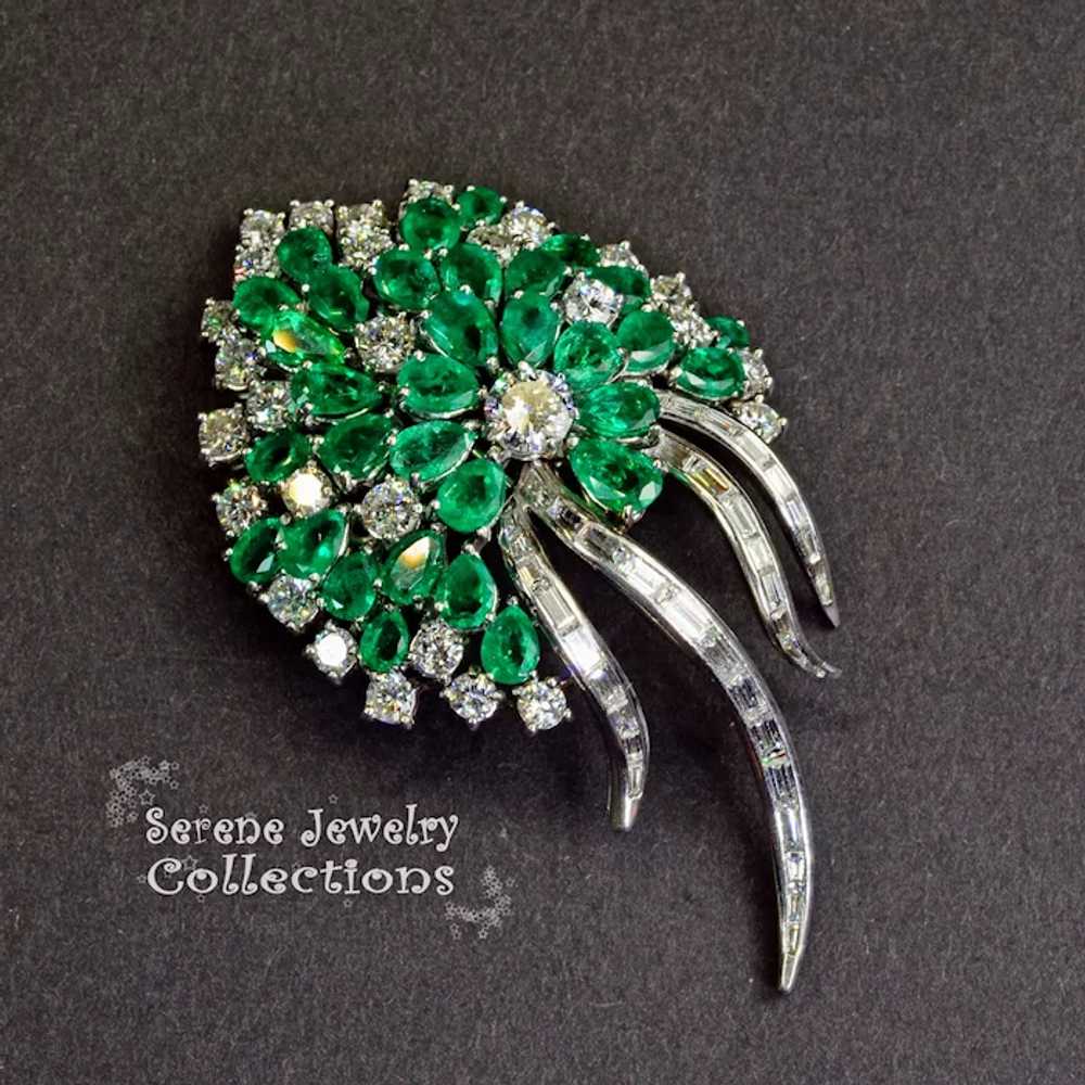 Emerald Diamond Platinum Brooch Vintage Estate - image 12