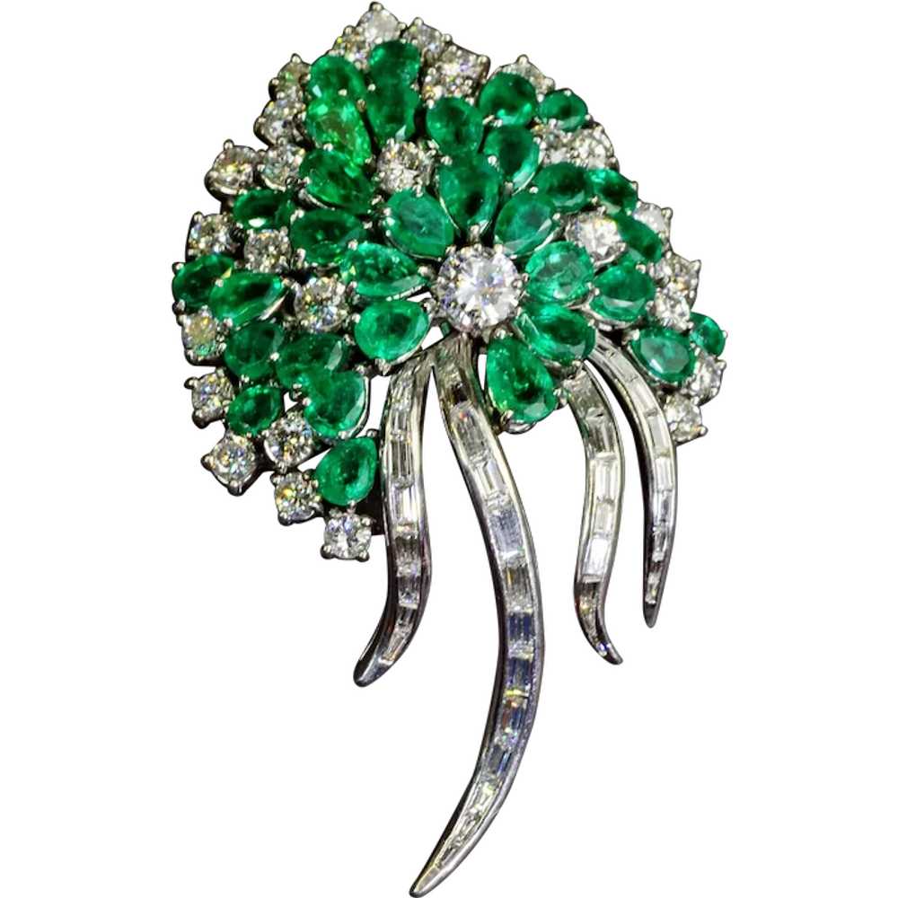 Emerald Diamond Platinum Brooch Vintage Estate - image 1