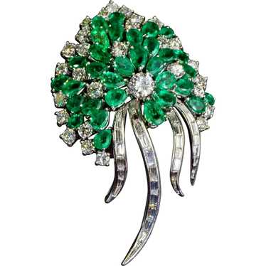 Emerald Diamond Platinum Brooch Vintage Estate - image 1