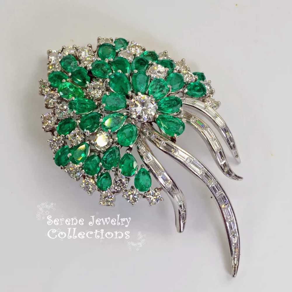 Emerald Diamond Platinum Brooch Vintage Estate - image 2