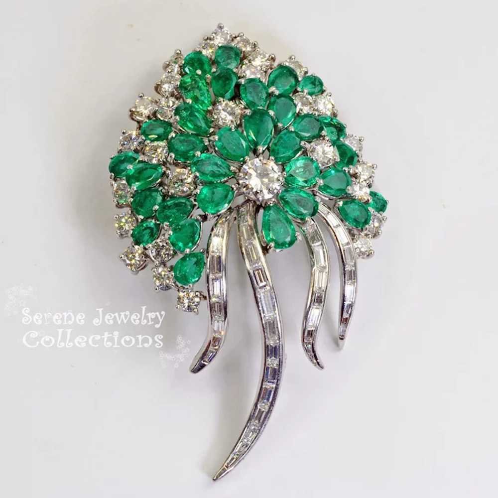 Emerald Diamond Platinum Brooch Vintage Estate - image 3