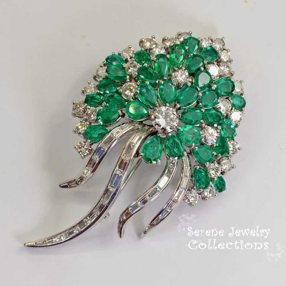 Emerald Diamond Platinum Brooch Vintage Estate - image 5