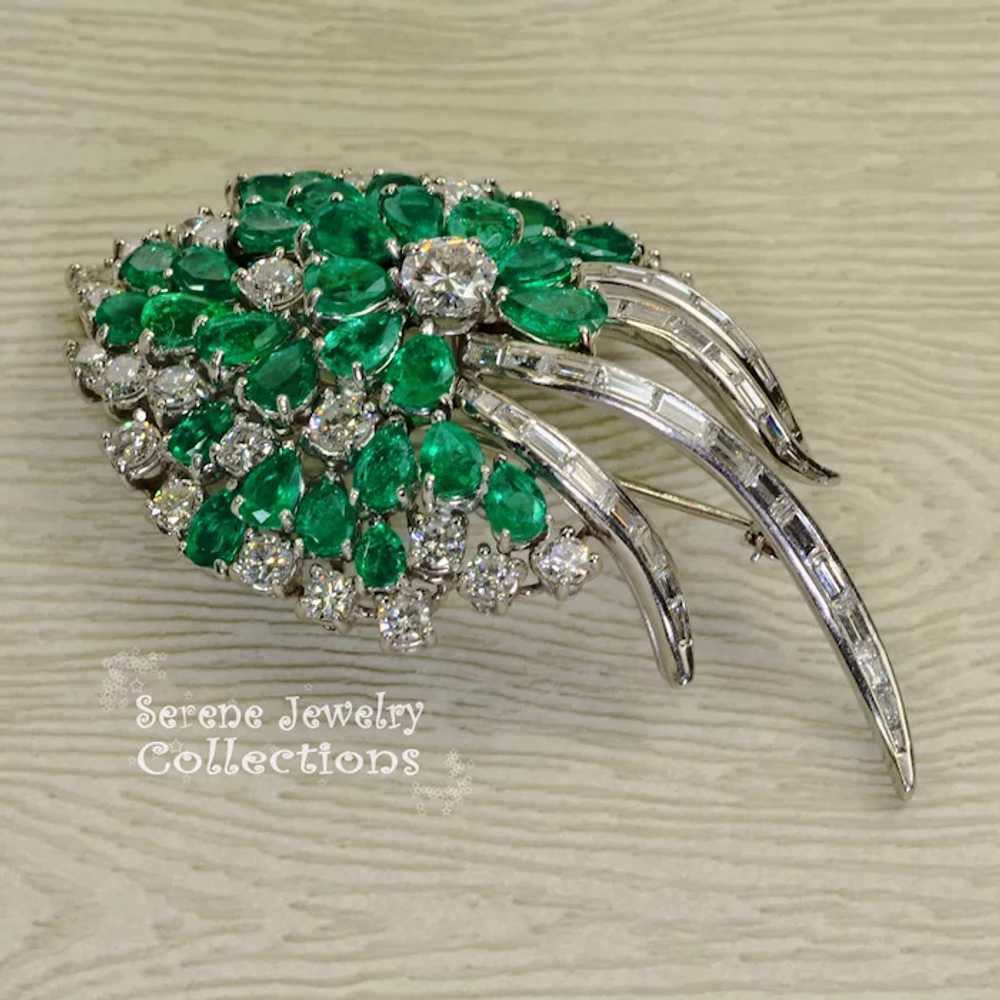 Emerald Diamond Platinum Brooch Vintage Estate - image 8