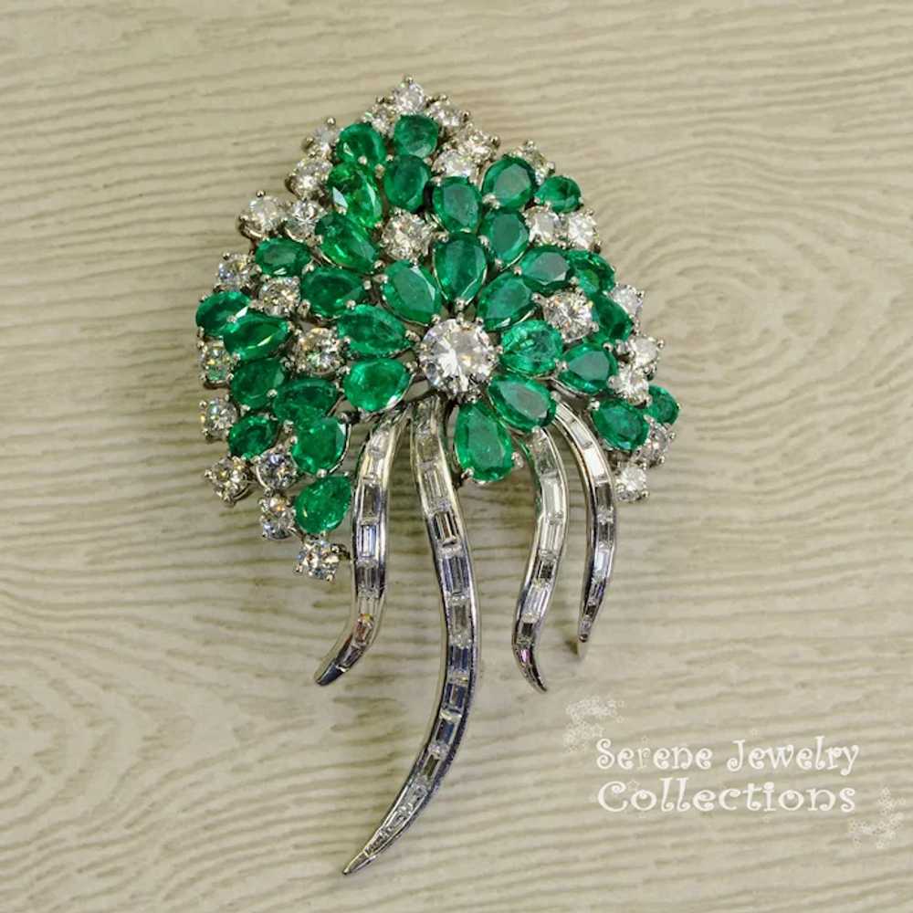 Emerald Diamond Platinum Brooch Vintage Estate - image 9
