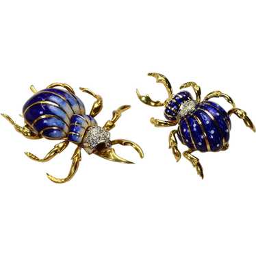 Diamond 18k gold Blue  Enamel Beetle Brooches Vin… - image 1