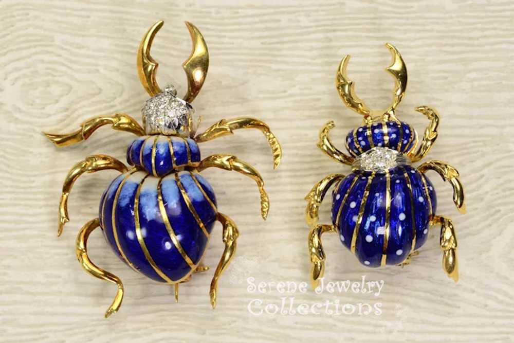 Diamond 18k gold Blue  Enamel Beetle Brooches Vin… - image 2