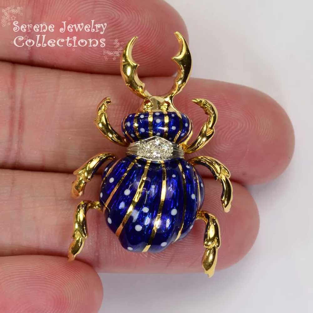 Diamond 18k gold Blue  Enamel Beetle Brooches Vin… - image 3