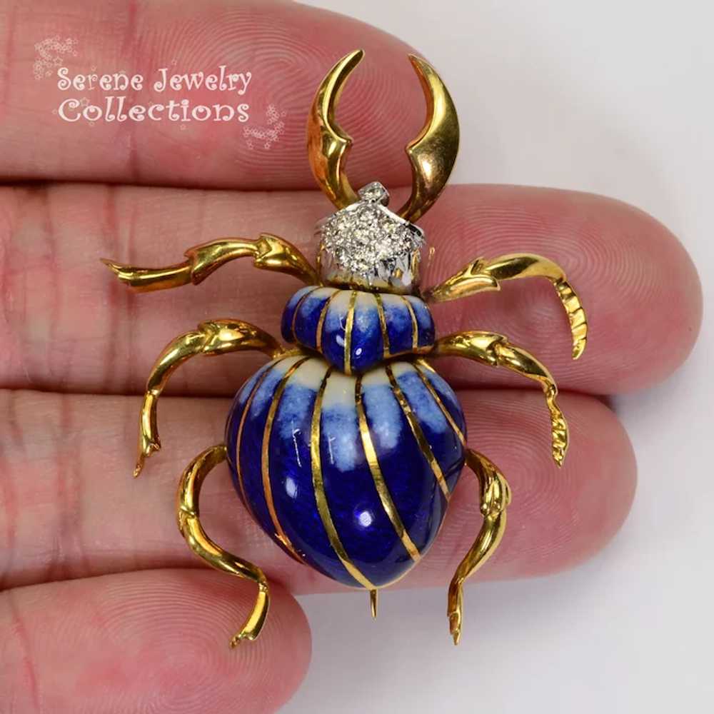 Diamond 18k gold Blue  Enamel Beetle Brooches Vin… - image 4