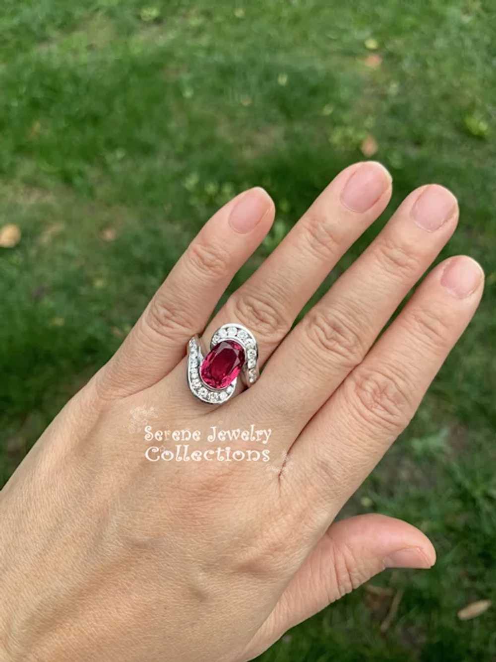 4.6CT Red Spinel Diamond 18k White Gold Ring Vint… - image 10