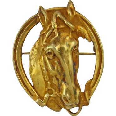 Gilt Sterling Horse / Equestrian Brooch Marked STE