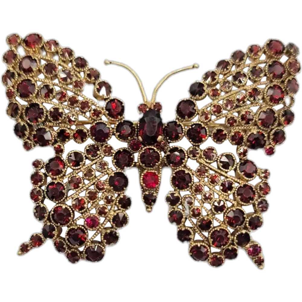 Czechoslovakia Goldtone Red Garnet Glass Rhinesto… - image 1