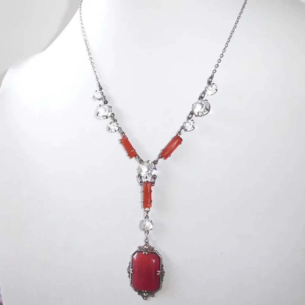 Art Deco Sterling Drop Y Necklace w Crystal & Car… - image 3