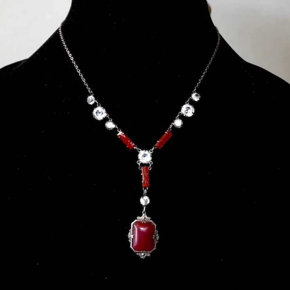 Art Deco Sterling Drop Y Necklace w Crystal & Car… - image 5