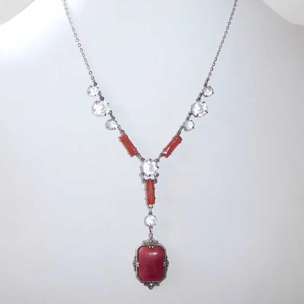 Art Deco Sterling Drop Y Necklace w Crystal & Car… - image 9