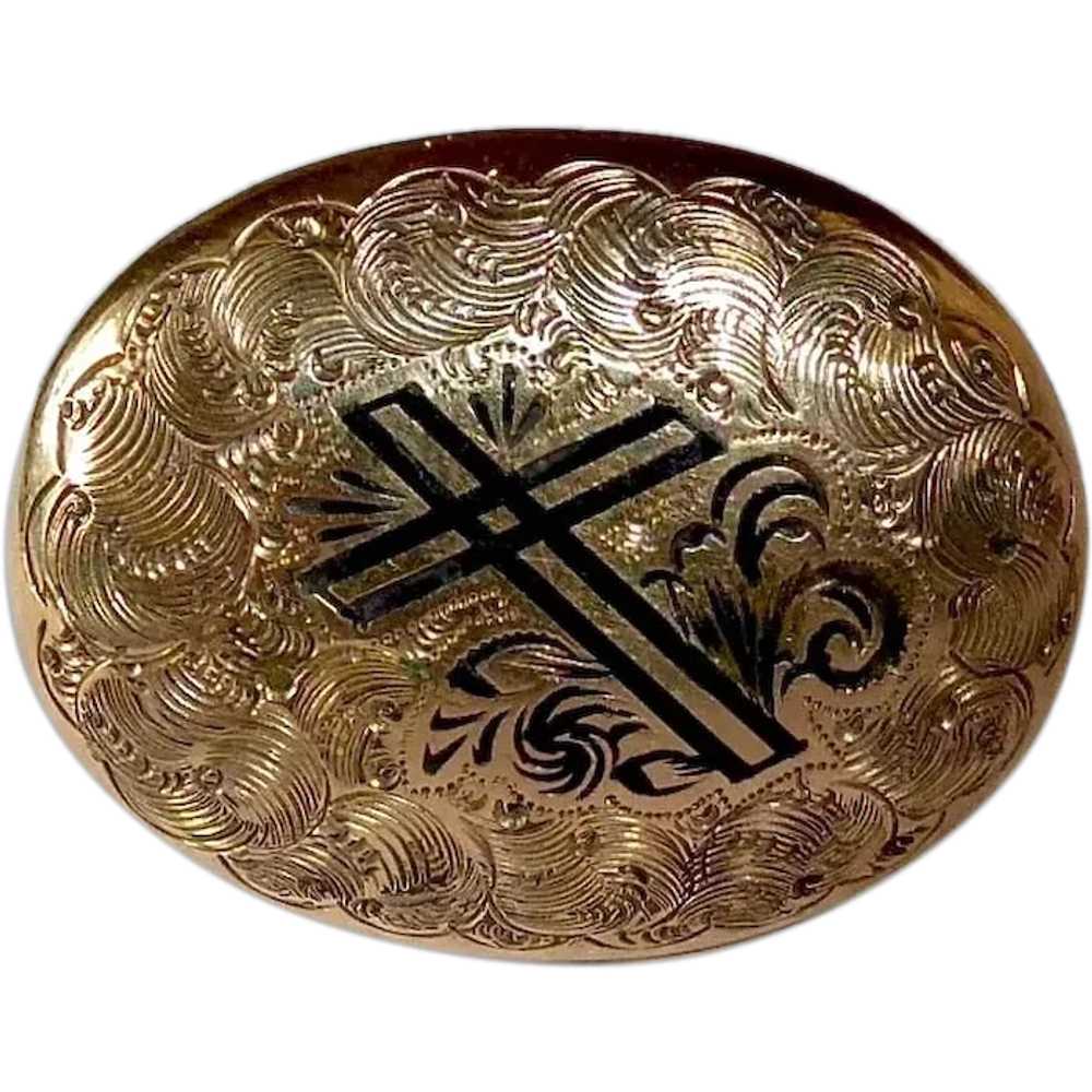 Victorian Engraved Gold Filled Pin w Cross - image 1