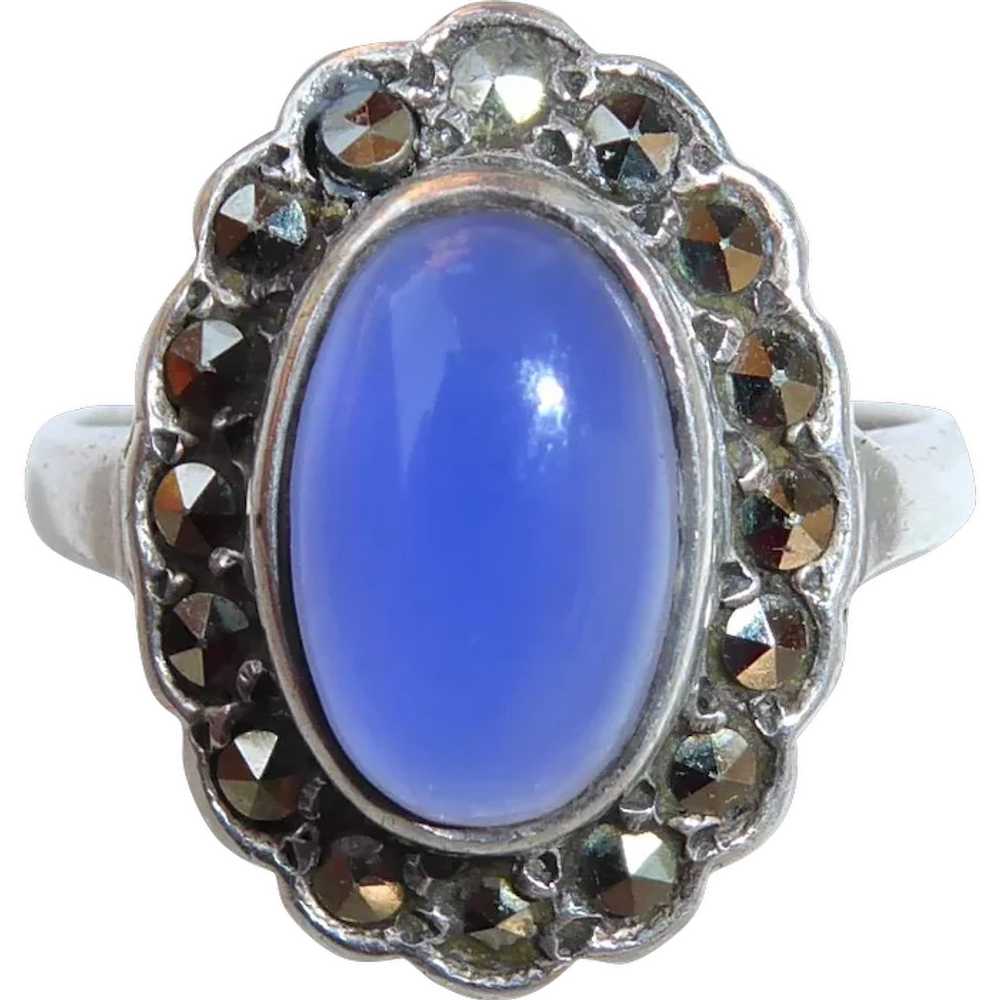 Art Deco Sterling Chalcedony & Marcasite Ring - image 1