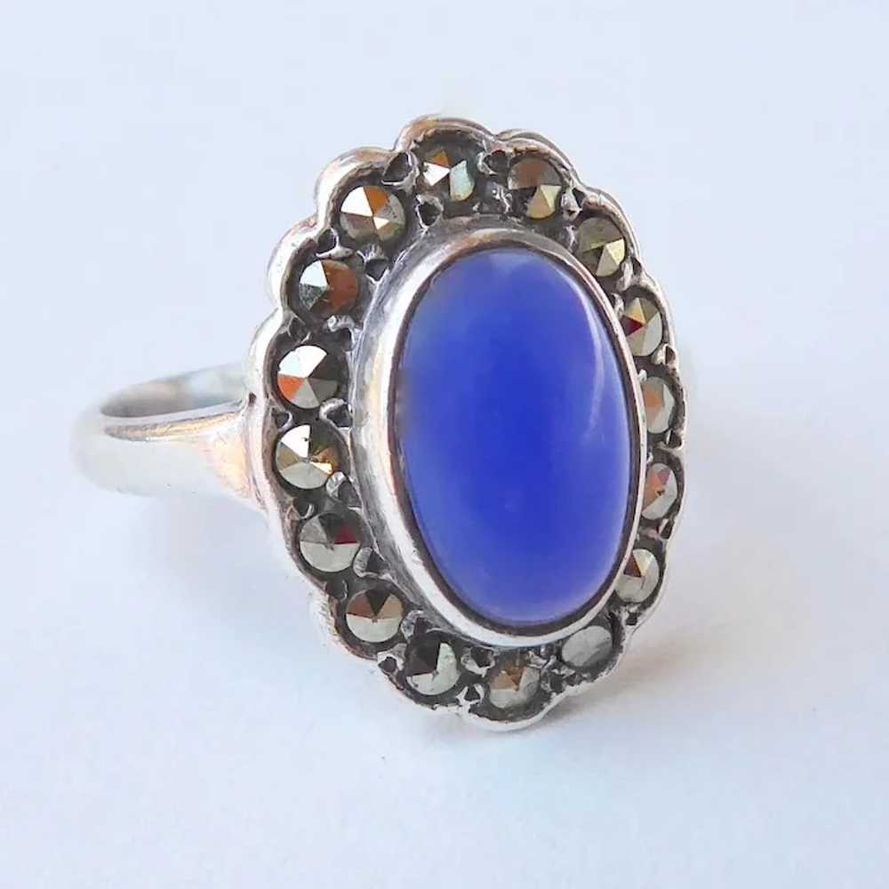 Art Deco Sterling Chalcedony & Marcasite Ring - image 2
