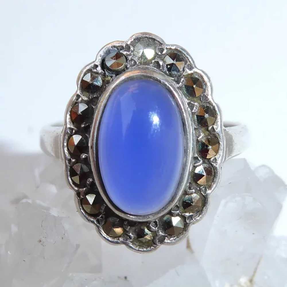 Art Deco Sterling Chalcedony & Marcasite Ring - image 8