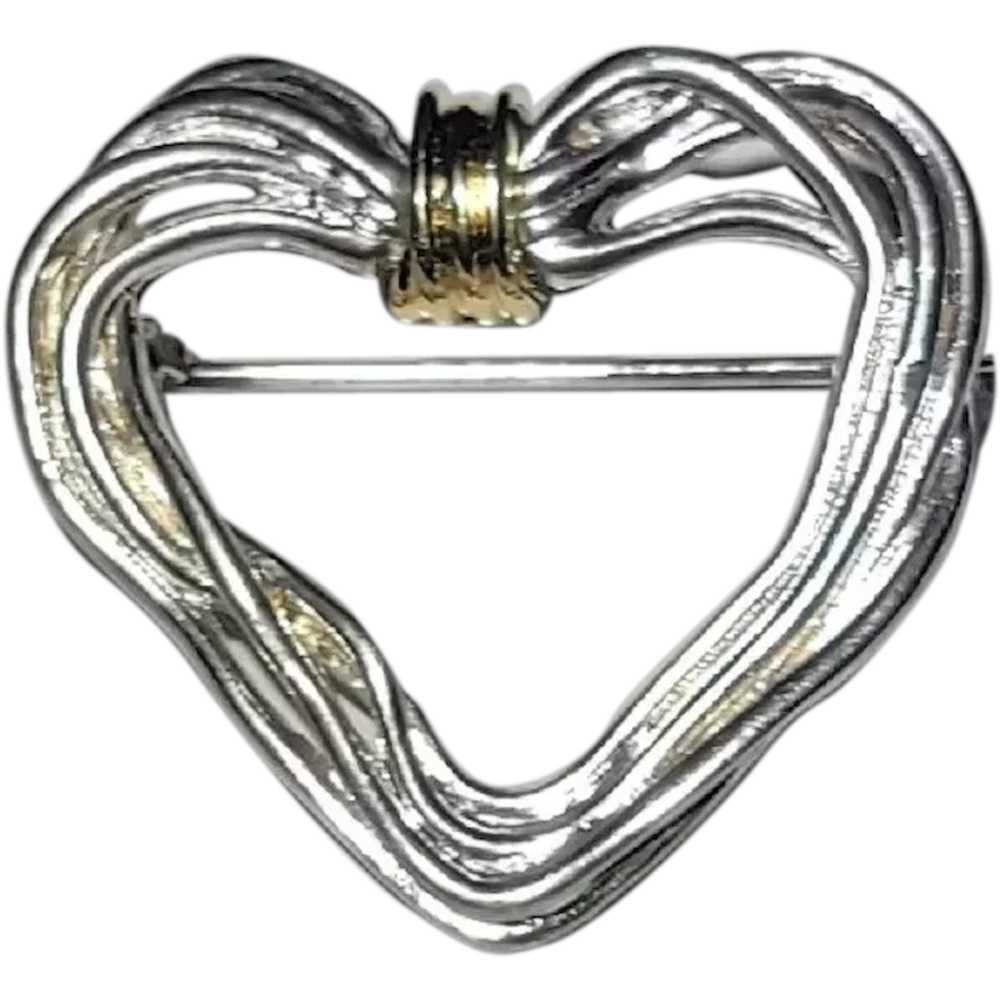 Silver Tone Freeform Wire Heart Brooch with Gold … - image 1