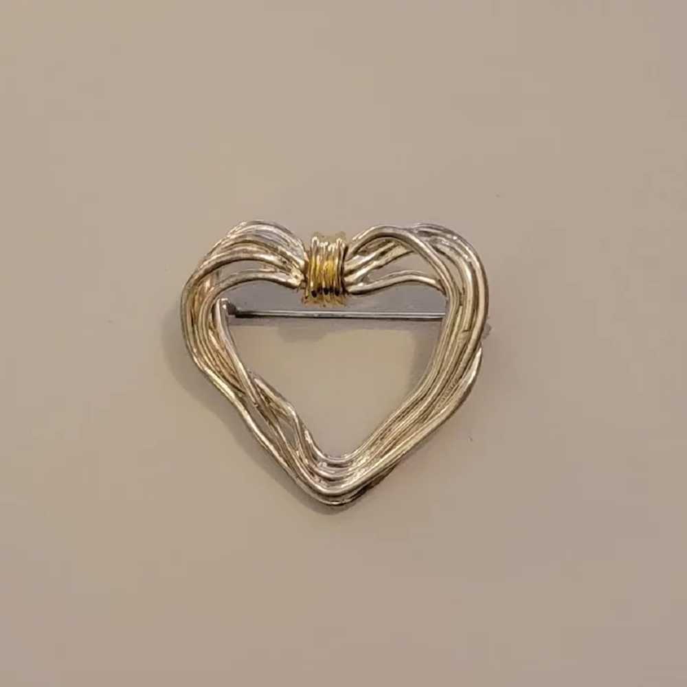 Silver Tone Freeform Wire Heart Brooch with Gold … - image 2