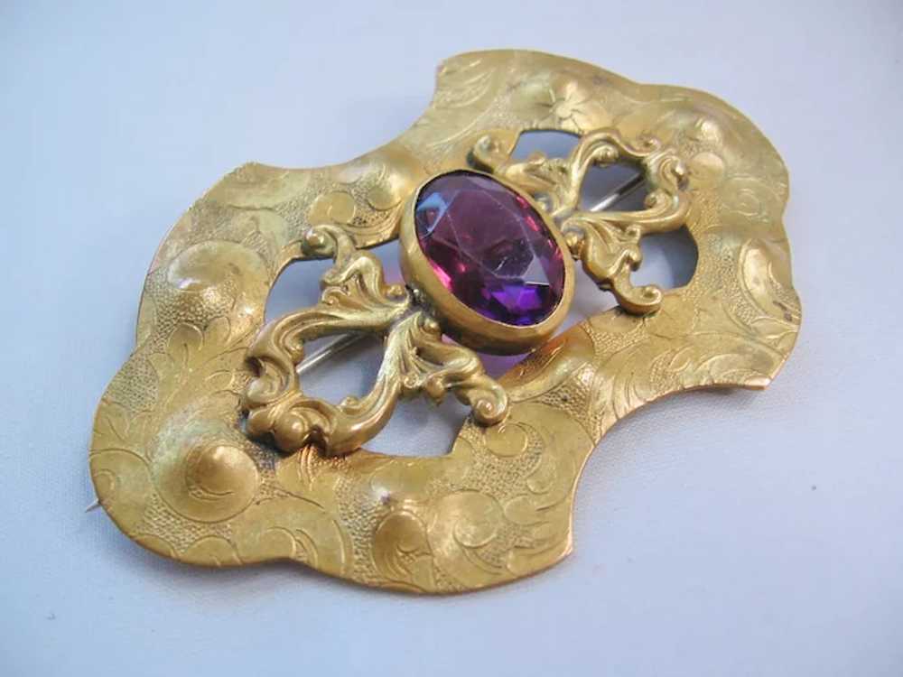 Victorian-Edwardian Brass Sash Pin-Brooch with Pu… - image 2