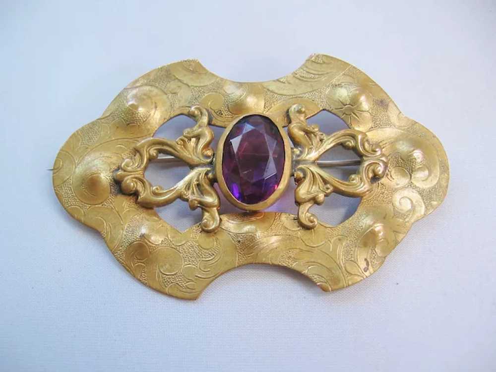 Victorian-Edwardian Brass Sash Pin-Brooch with Pu… - image 3
