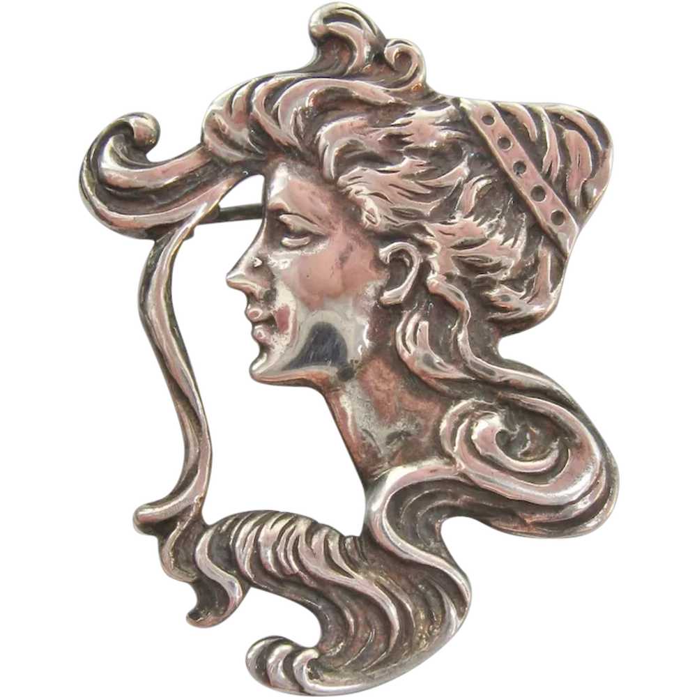 Vintage Sterling Art Nouveau Woman with Flowing H… - image 1