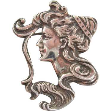 Vintage Sterling Art Nouveau Woman with Flowing H… - image 1