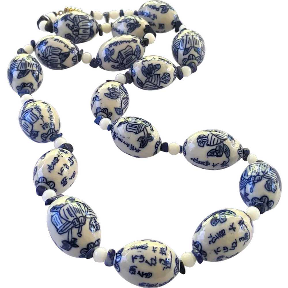 Blue And White Hand Painted Chinoiserie Beaded Ne… - image 1