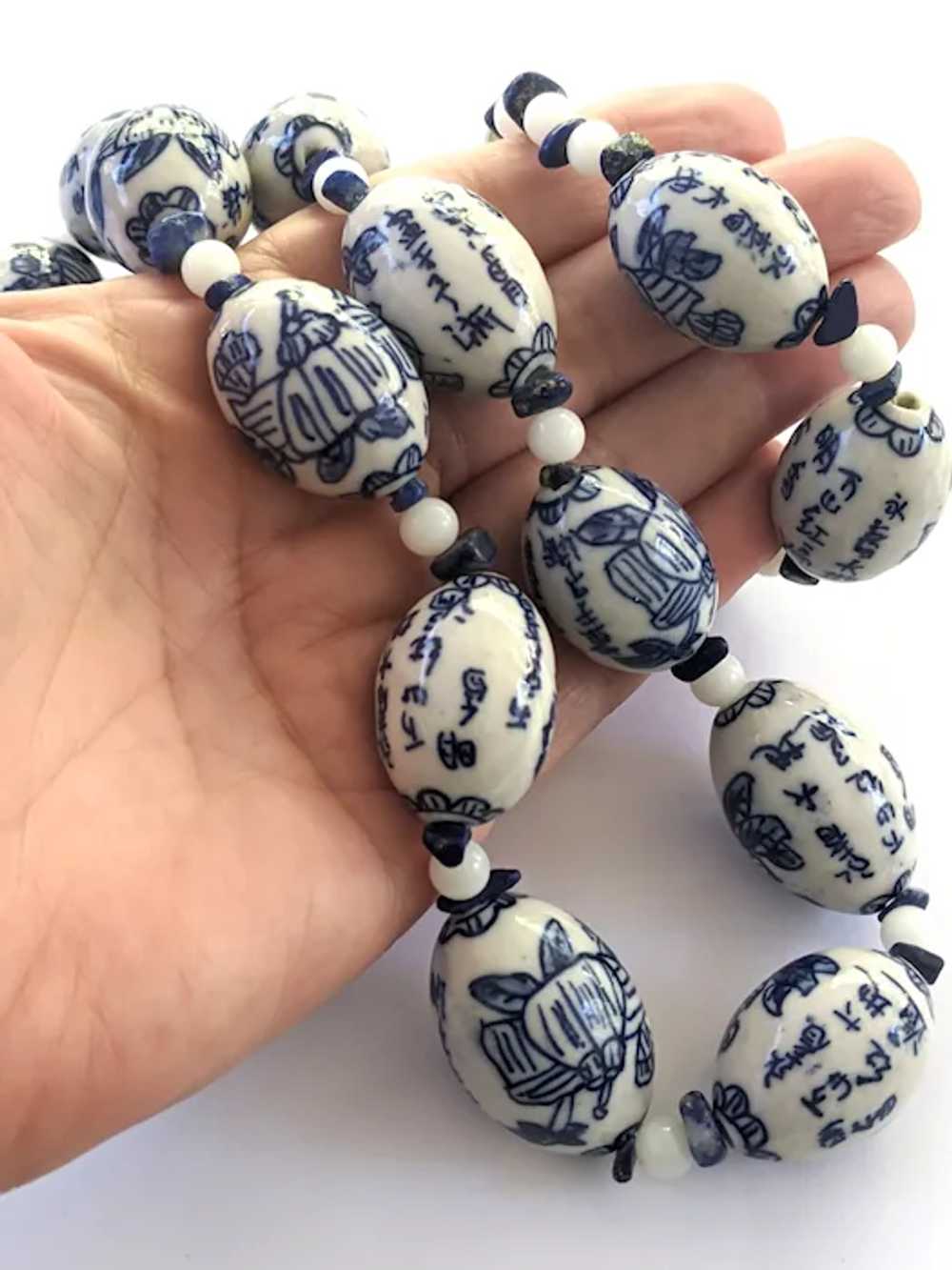 Blue And White Hand Painted Chinoiserie Beaded Ne… - image 3