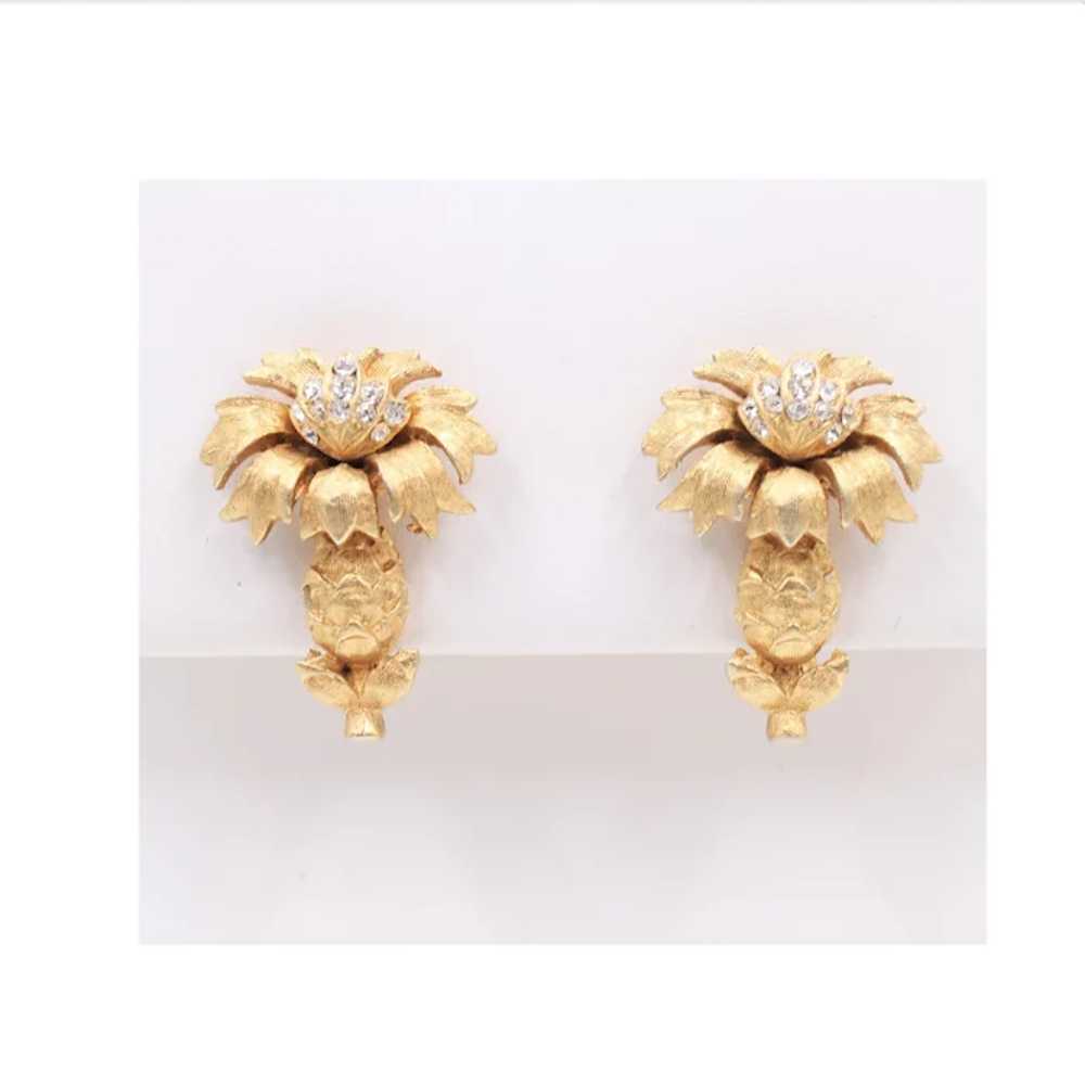 Earrings Signed Coro Carnation Flower Rhinestone - image 3