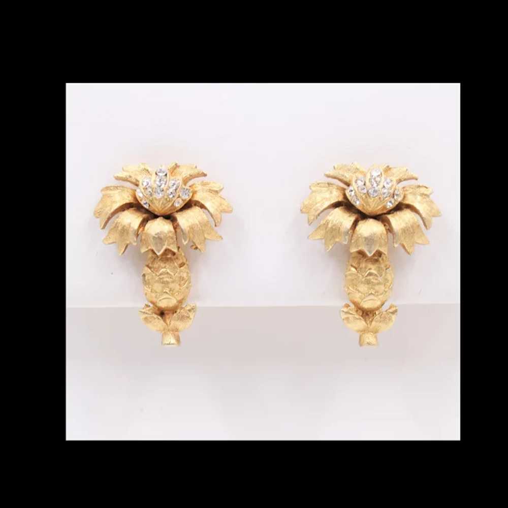 Earrings Signed Coro Carnation Flower Rhinestone - image 5