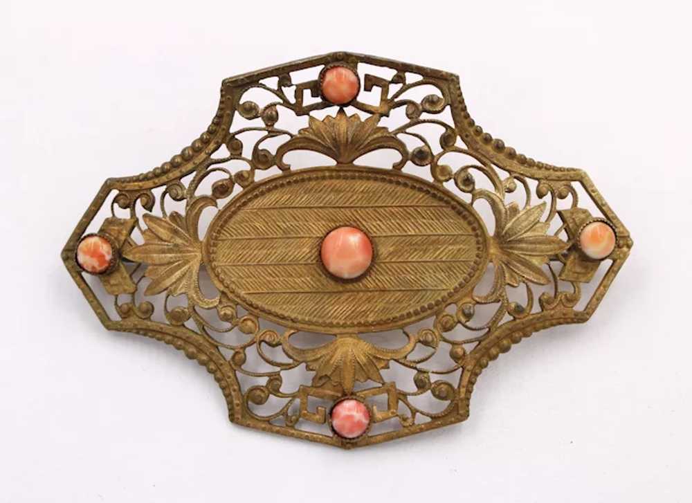 Brooch Pin Czech Filigreed Open Work Coral Glass … - image 3