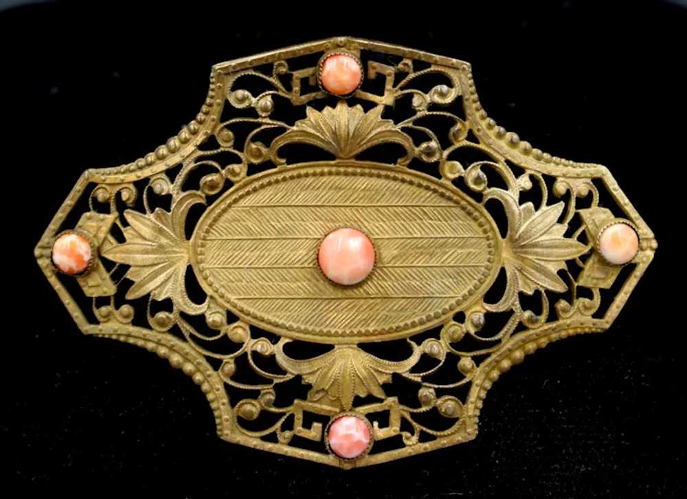 Brooch Pin Czech Filigreed Open Work Coral Glass … - image 5