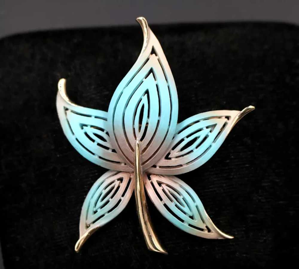 Brooch Pin Leaf Pierced Two Tone Blue Green - image 2